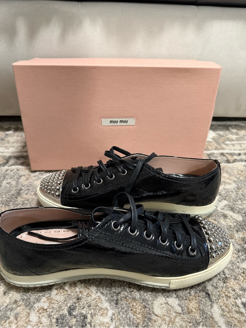 Miu Miu Black Patent Leather Crystal-Studded Toe Sneakers